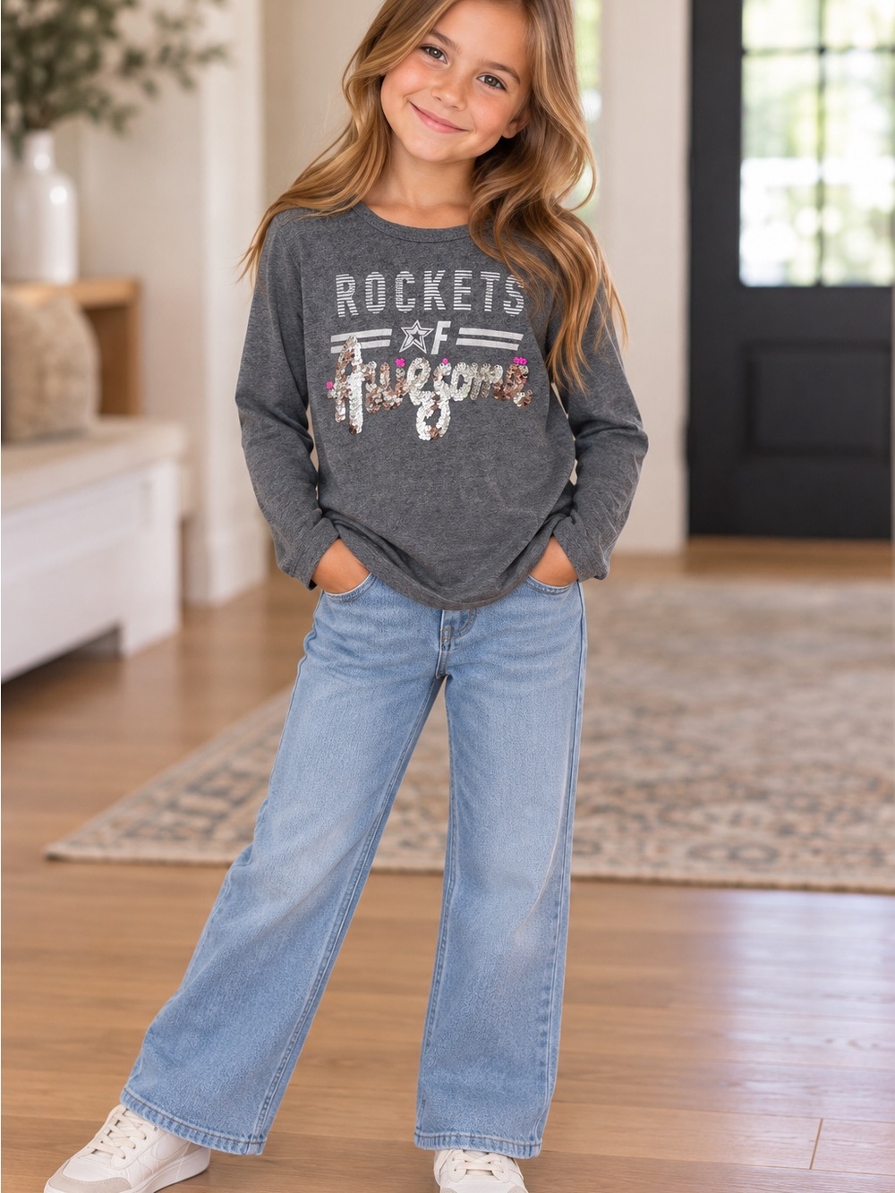 Girls' Charcoal 'Rockets' Sequin Graphic Long-Sleeve Tee